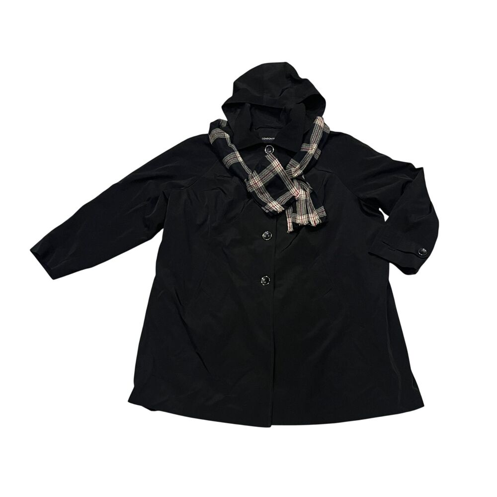 London Fog 115369 Single Breasted Black Hooded Rain Jacket / Plaid Scarf Sz 2X